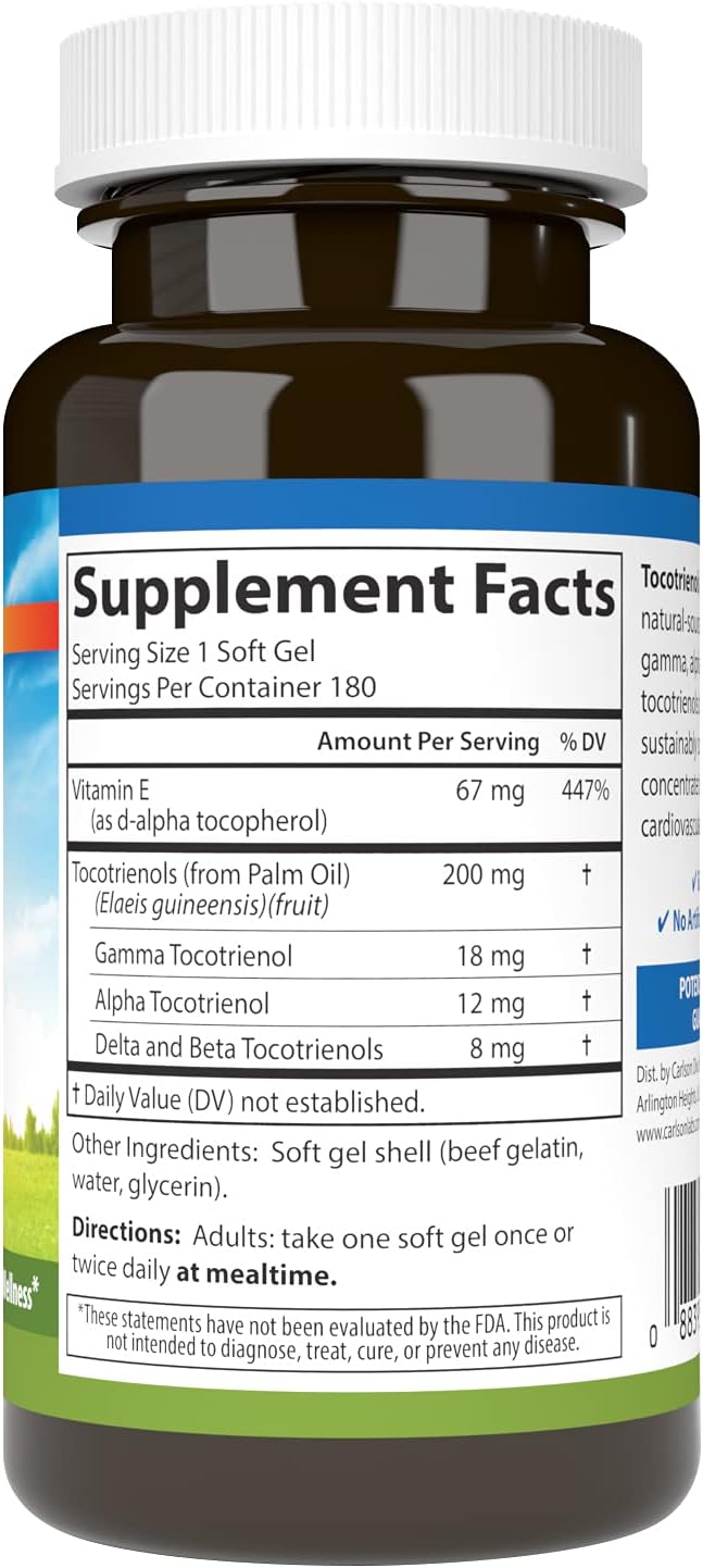 Carlson - Tocotrienols, 40 mg, with Natural-Source Vitamin E, Gamma, Alpha, Delta, Beta, Sustainably Sourced, 180 Softgels - görsel 2