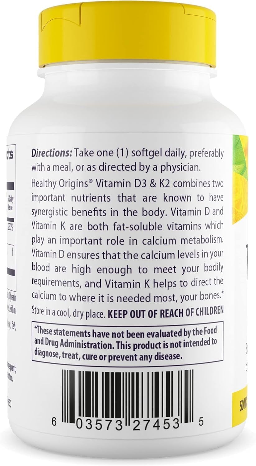 Healthy Origins Vitamin D3 2,000 IU & K2 200 mcg (MK-7) - 180 Liquid Softgels - görsel 3