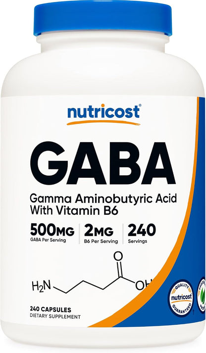 Nutricost GABA (Gamma-Aminobutyric Acid) + Vitamin B6, 500 mg per Serving, 240 Capsules
