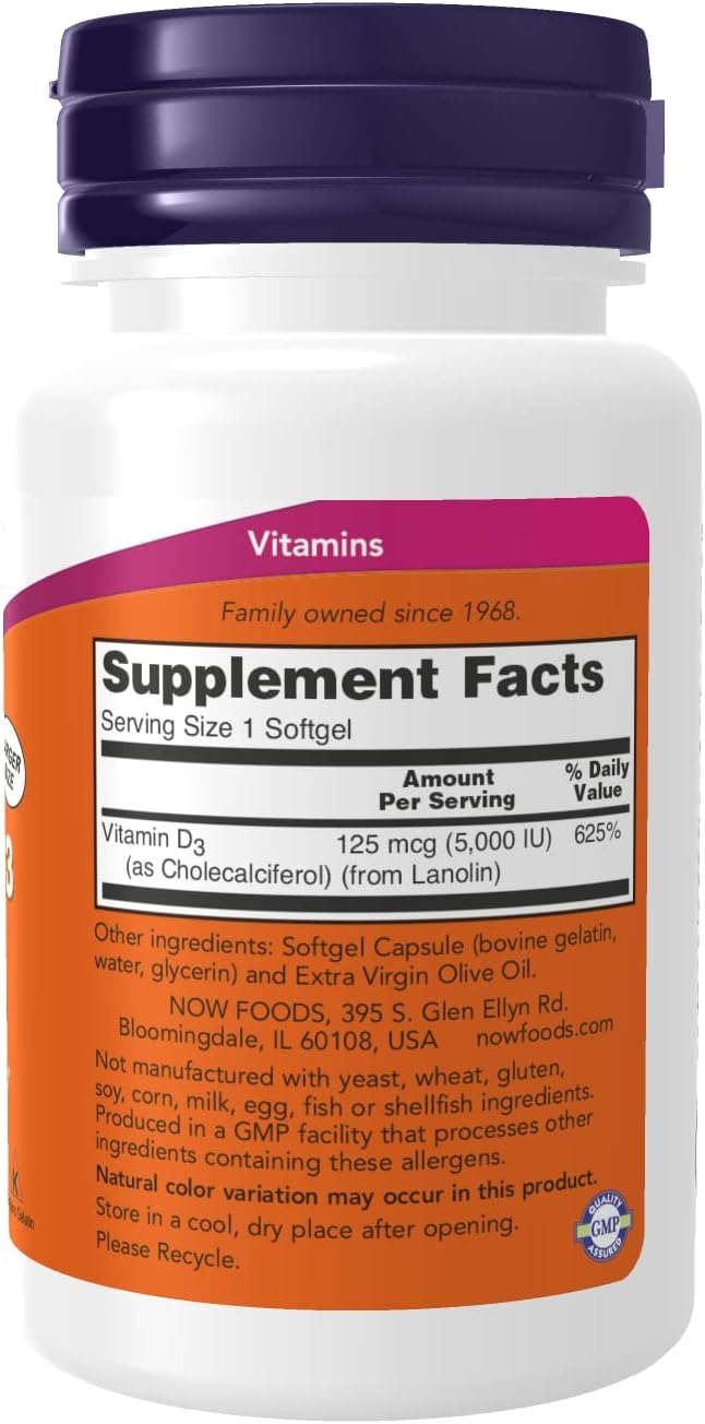 NOW Foods Vitamin D3 5000 IU Softgels - 240 Softgels (3-Pack) - görsel 2