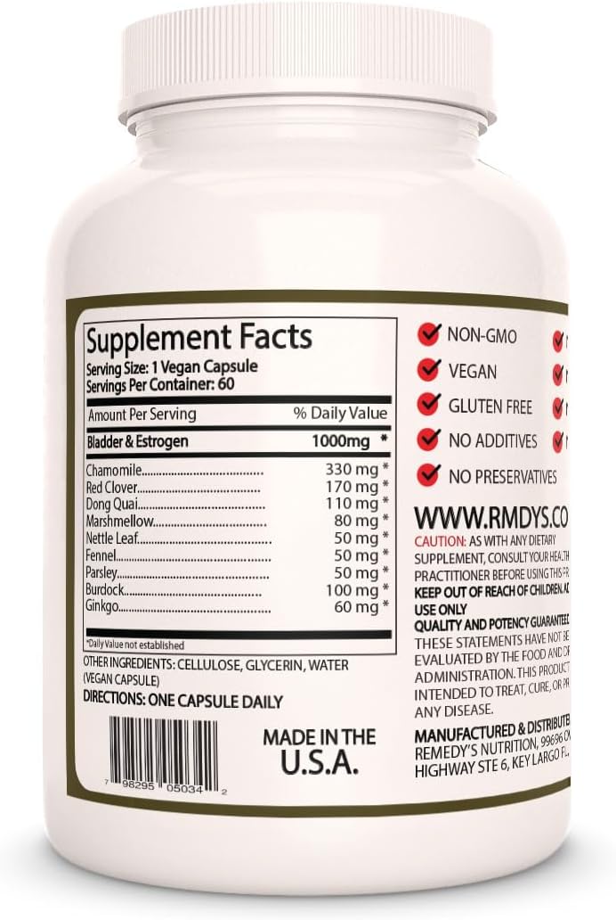 Bladder and Oestrogen Capsules | 1,000 mg, 60 Vegan Capsules | Two Month Supply | Blend Includes Chamomile, Red Clover & Burdock - görsel 2