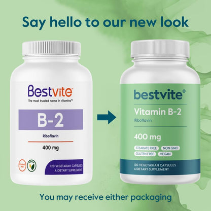 BESTVITE Vitamin B-2 (Riboflavin) 400 mg – 120 Vegetarian Capsules – High Potency – Energy, Skin & Nervous System Support – Vegan – Non-GMO – Gluten-Free – No Stearates
