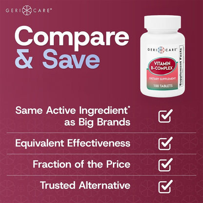 GeriCare Vitamin B-Complex Supplement with Calcium – Daily Supplement for Energy, Immune Support, Bone Health & Nervous System, 100 Tablets