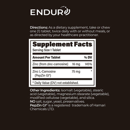 ENDUR PepZinGI - Zinc-Carnosine 75 mg Chewable Tablets (60 Count)
