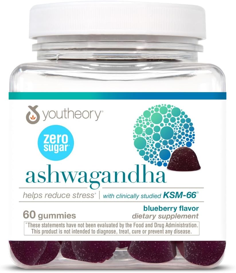 Youtheory Ashwagandha Gummies with Organic KSM-66 Ashwagandha – Sugar Free, Blueberry Flavour, 60 Vegan Gummies - görsel 1