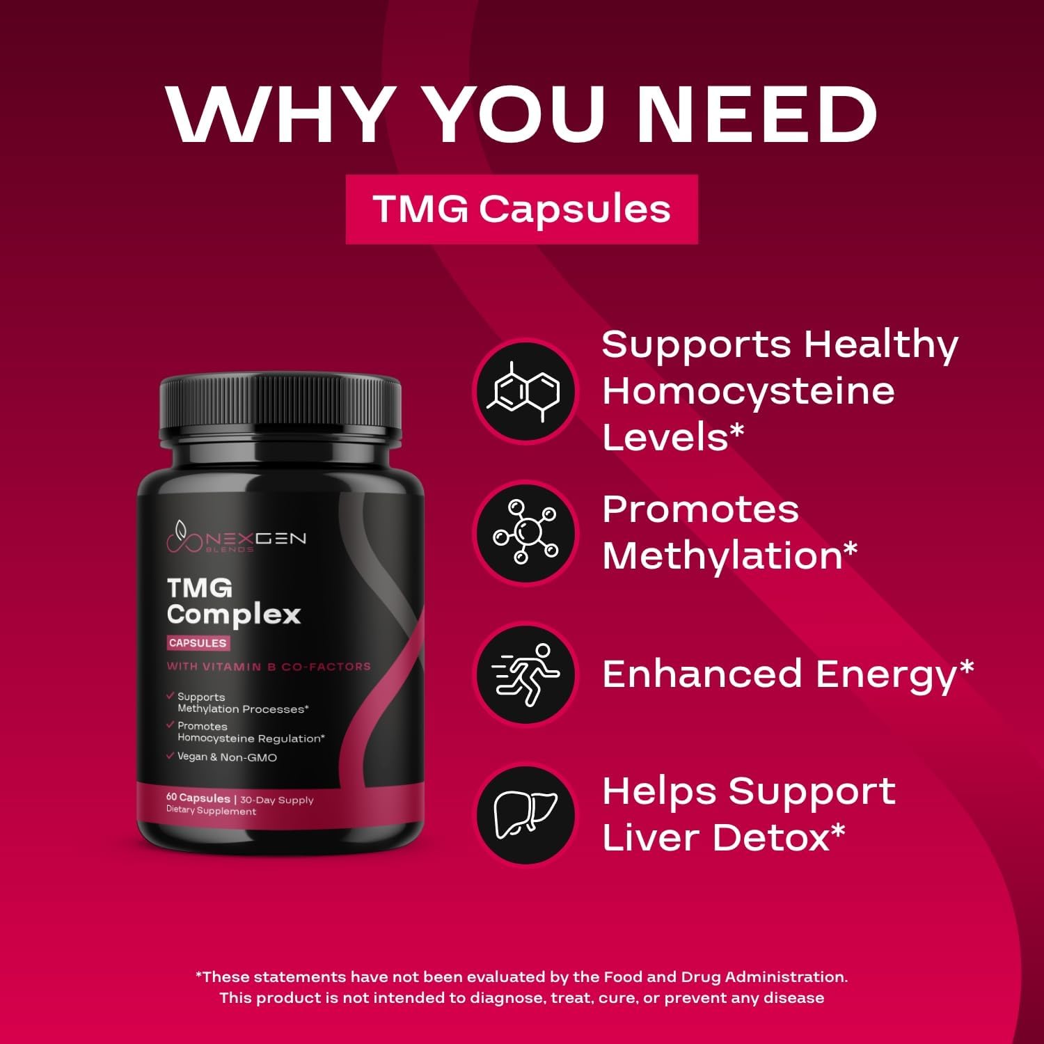 TMG Trimethylglycine Supplement with Methyl B Complex - 500mg Betaine TMG with Methylated B Vitamins for Homocysteine Support - Vegan & Non-GMO (1 Month Supply) - görsel 3