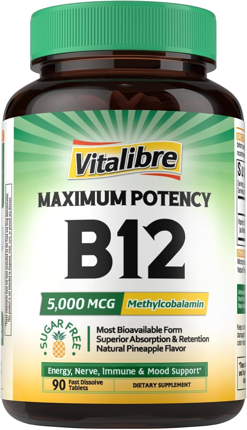 Vitalibre Vitamin B12 Sublingual 5000 mcg Methylcobalamin – Vegan, Peach Flavour, 120 Fast Dissolve Tablets - görsel 10