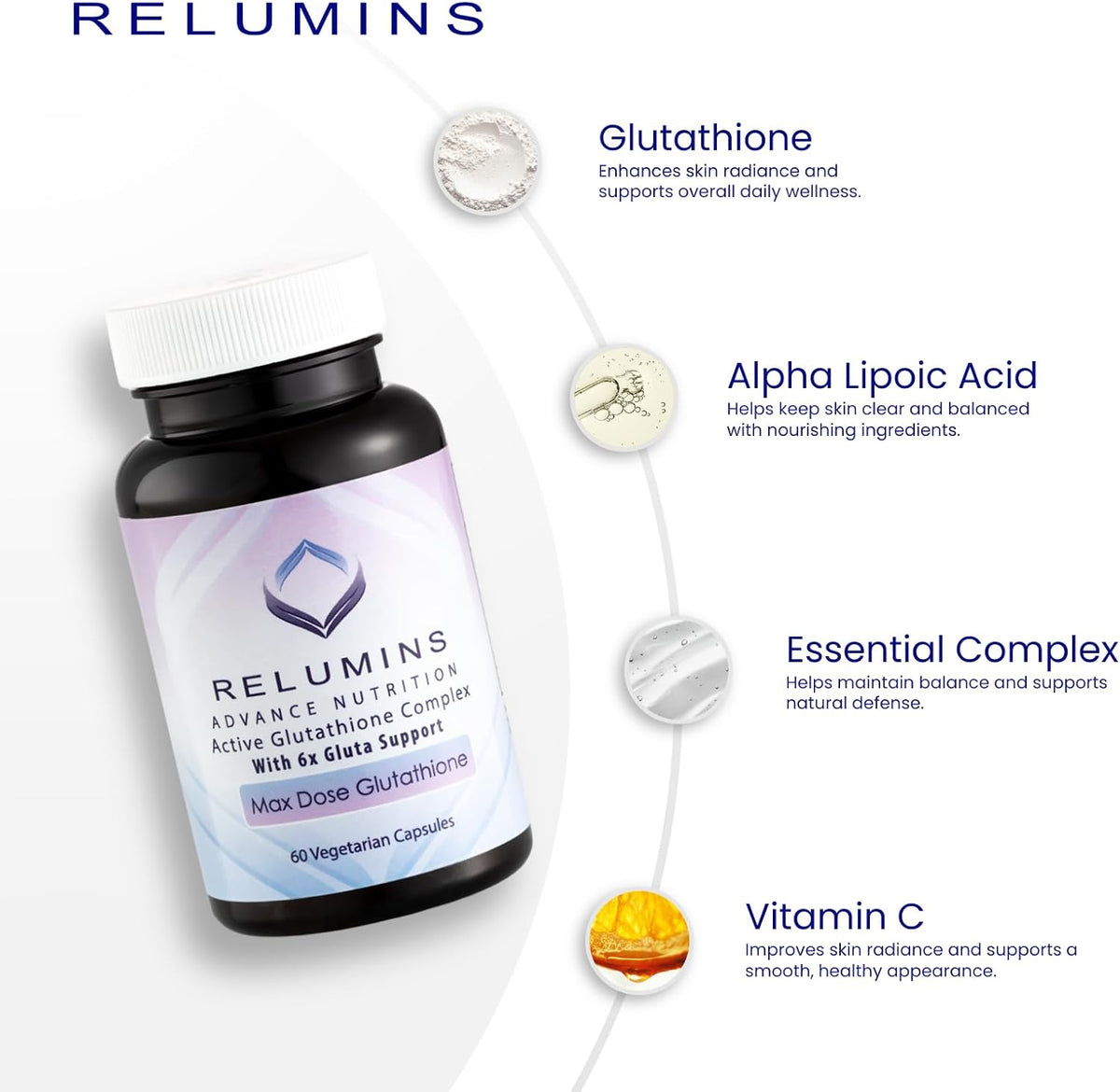 Relumins Advance White Active Glutathione Complex - Max Dose 900mg Glutathione with 6X Boosters, ALA & NAC - 60 Capsules (30 Servings) - görsel 5