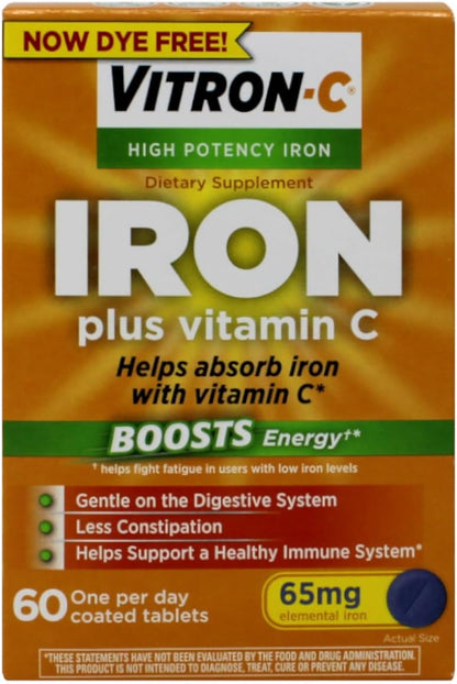 Vitron-C High Potency Iron Food Supplement with Vitamin C, 60 Coated Tablets, 65 mg Elemental Iron