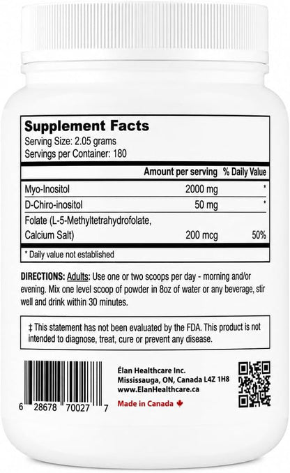 Food Supplement - Myo-Inositol and D-Chiro Inositol with Active Folate - Ideal 40:1 Ratio - (180 Servings, 387g Jar)