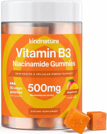 Kindnature Vitamin B3 Niacinamide Gummies 500mg – Flush-Free Niacin Supplement – Contributes to Normal Skin, Energy Metabolism & Nervous System Function – Vegan, Non-GMO, Gluten-free, Soya-Free – 90 Gummies