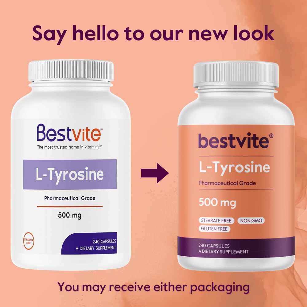 BESTVITE L-Tyrosine 500mg (240 Capsules) – No Stearates – Non-GMO – Gluten-free - görsel 6