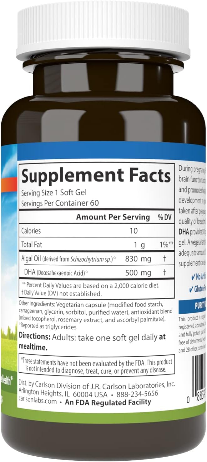 Carlson – Vegetarian Prenatal DHA, 500 mg DHA, Plant Based, Sustainably Sourced from Algae, 60 Softgels - görsel 2