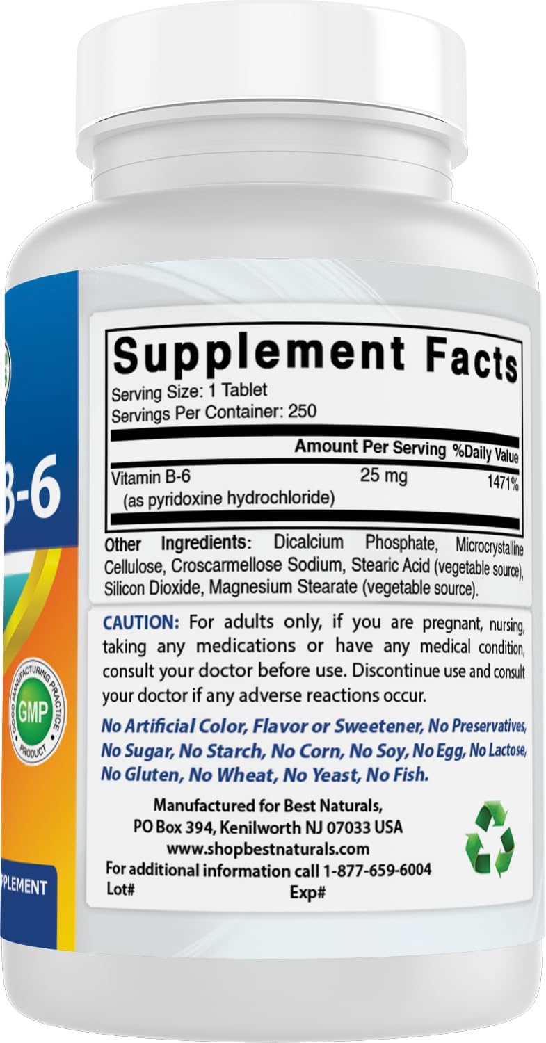 Best Naturals Vitamin B-6 25 mg Tablets, 250 Tablets - görsel 6