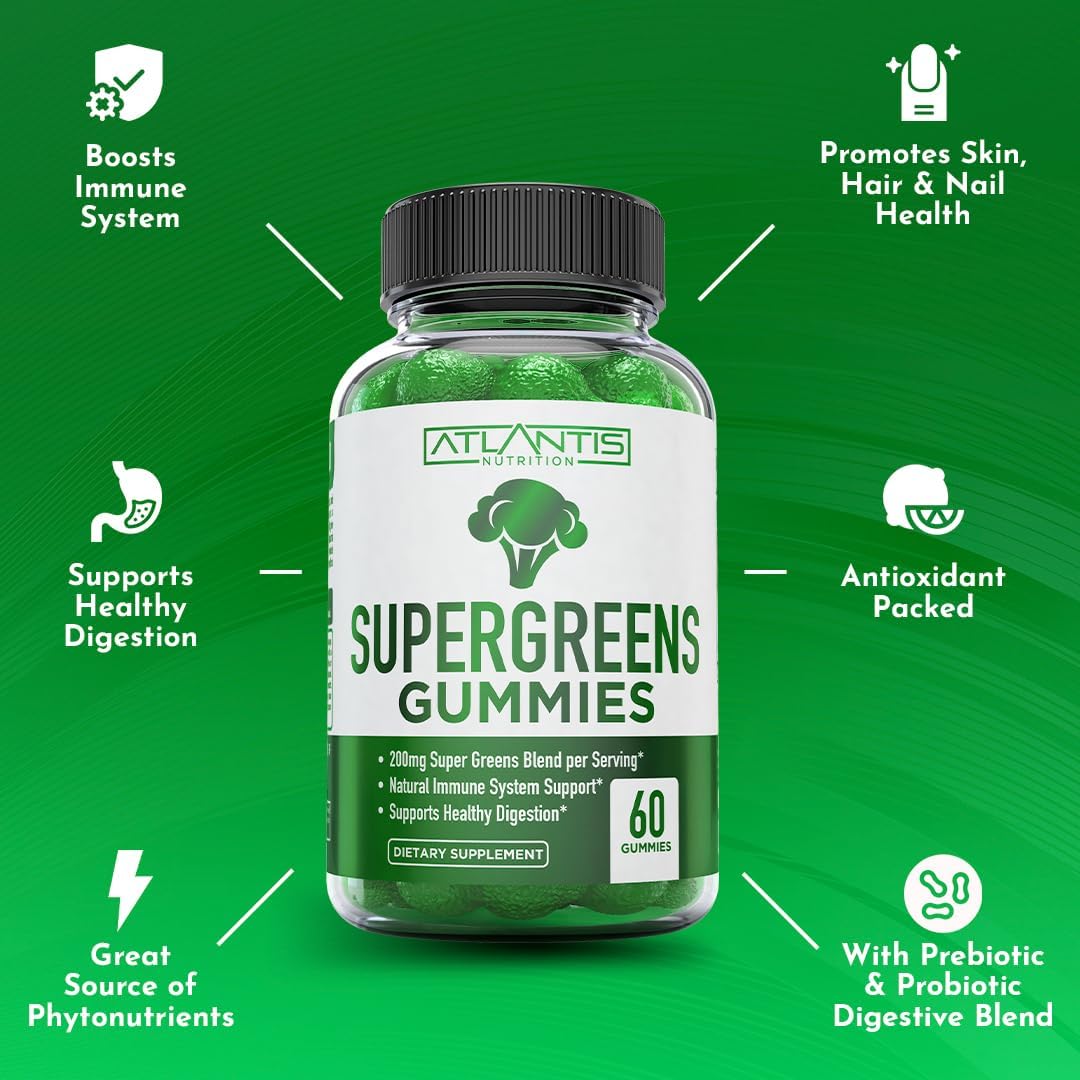 Atlantis Nutrition Supergreens Gummies - Daily Green Superfoods Supplement for Immunity Support, Natural Raspberry Flavour, 60 Gummies - görsel 4