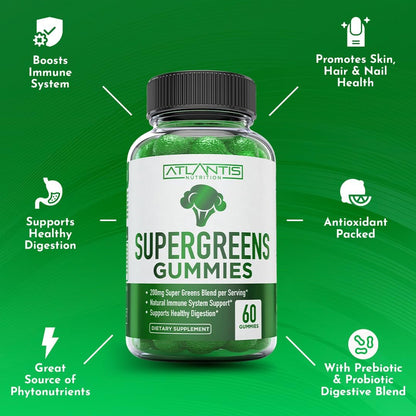 Atlantis Nutrition Supergreens Gummies - Daily Green Superfoods Supplement for Immunity Support, Natural Raspberry Flavour, 60 Gummies