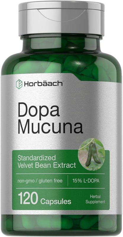 Horbäach Dopa Mucuna Supplement | 120 Capsules | Velvet Bean Herbal Extract | 15% L-Dopa | Non-GMO & Gluten-free