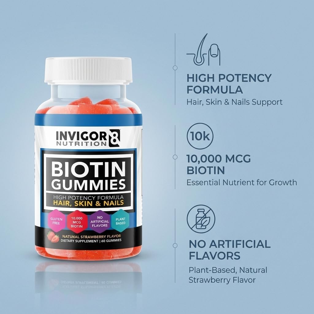 INVIGOR8 Biotin Gummies 10000mcg - Hair, Skin & Nails Support - Vegan, Kosher, Halal - Strawberry Flavour (60 Gummies) - görsel 2