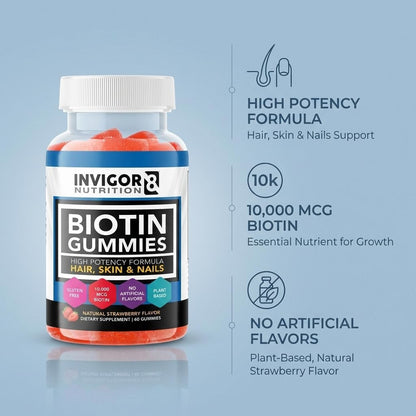 INVIGOR8 Biotin Gummies 10000mcg - Hair, Skin & Nails Support - Vegan, Kosher, Halal - Strawberry Flavour (60 Gummies)