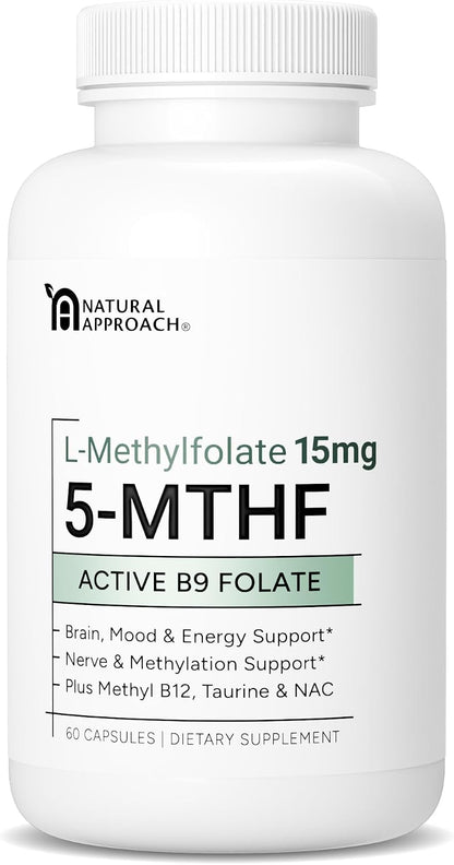 Natural Approach L-Methylfolate 15mg with Methyl B12, D3, NAC & Taurine - 60 Capsules