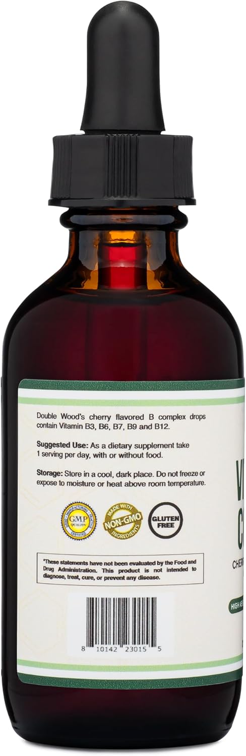 Double Wood Supplements Liquid Vitamin B Complex - 60 ml - 2 Month Supply - Maximum Absorption - B3, B6, B7 (Biotin), B9, and Vitamin B12 - Cherry Flavour - görsel 5