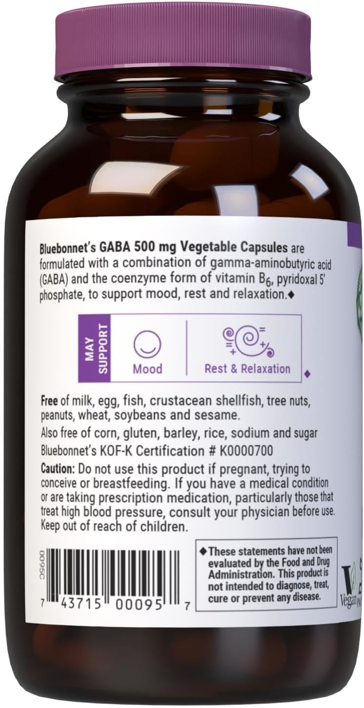 BlueBonnet Nutrition GABA 500 mg with Vitamin B6 (P5P) - 60 Vegetable Capsules - görsel 3