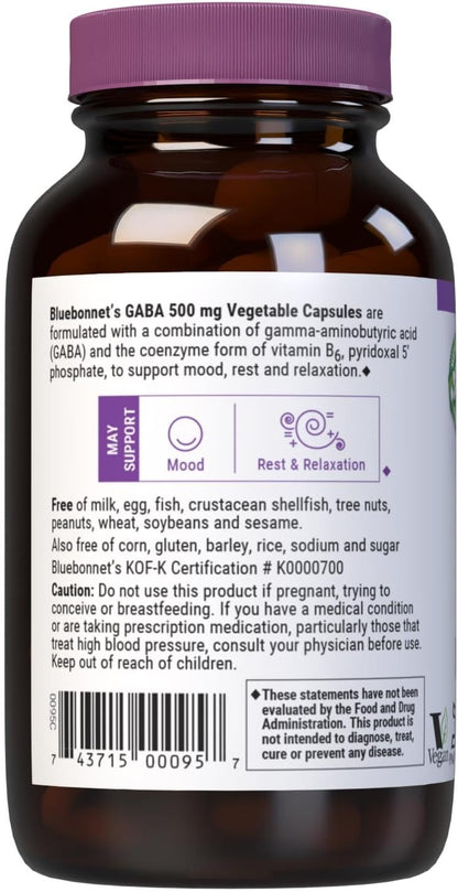 BlueBonnet Nutrition GABA 500 mg with Vitamin B6 (P5P) - 60 Vegetable Capsules