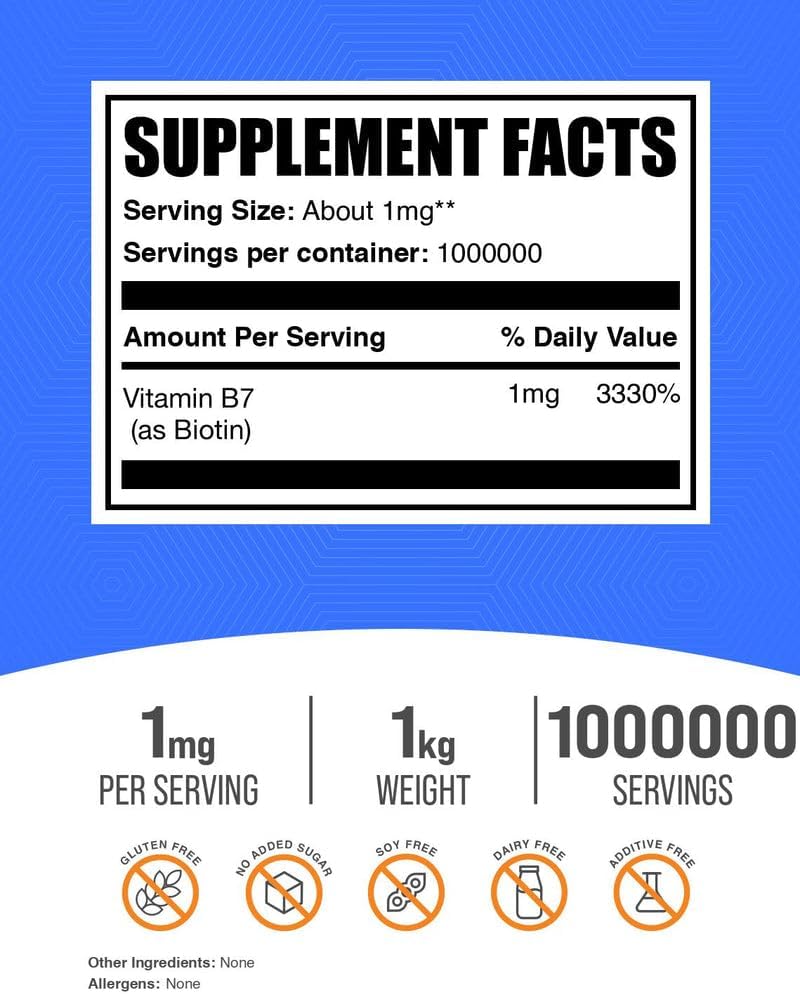 BulkSupplements.com Pure Biotin Powder - Vitamin B7, 1 mg per Serving, 1 kg - Professional Grade - görsel 2