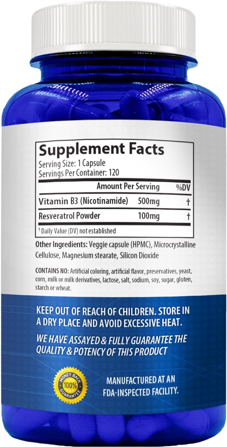 Resveratrol with Vitamin B3 Nicotinamide 500mg – NAD+ Precursor and Longevity Complex (120-Day Supply) - görsel 3