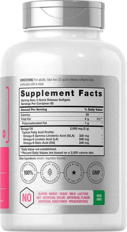 Horbäach Borage Oil Softgels 2000 mg - 120 Softgels | Cold-Pressed with 320 mg GLA