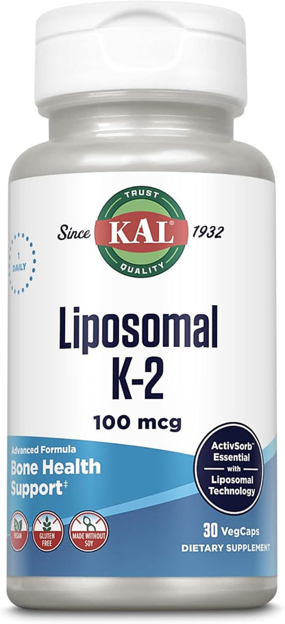 KAL Liposomal Vitamin K2 Supplement with MK7 100 mcg – High Absorption Bone Support, Vegan, 30 Veg Caps