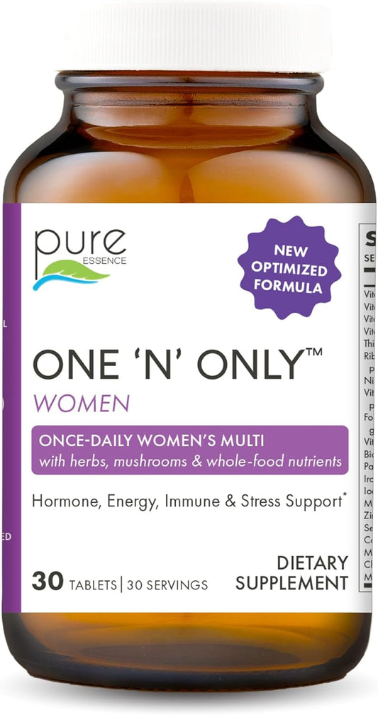 PURE ESSENCE LABS One N Only Multivitamin for Women, Natural One a Day Herbal Supplement with Vitamin D3, B12, and Biotin with Whole Foods, 30 Tablets