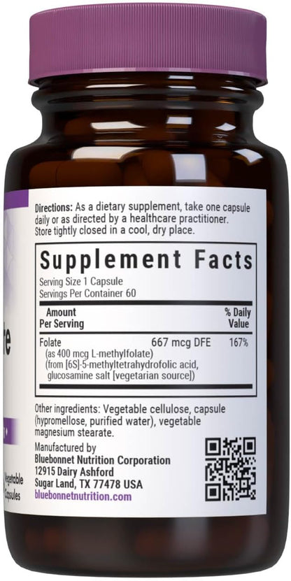BlueBonnet CellularActive Methylfolate 400 mcg with Quatrefolic – 60 Vegan Capsules