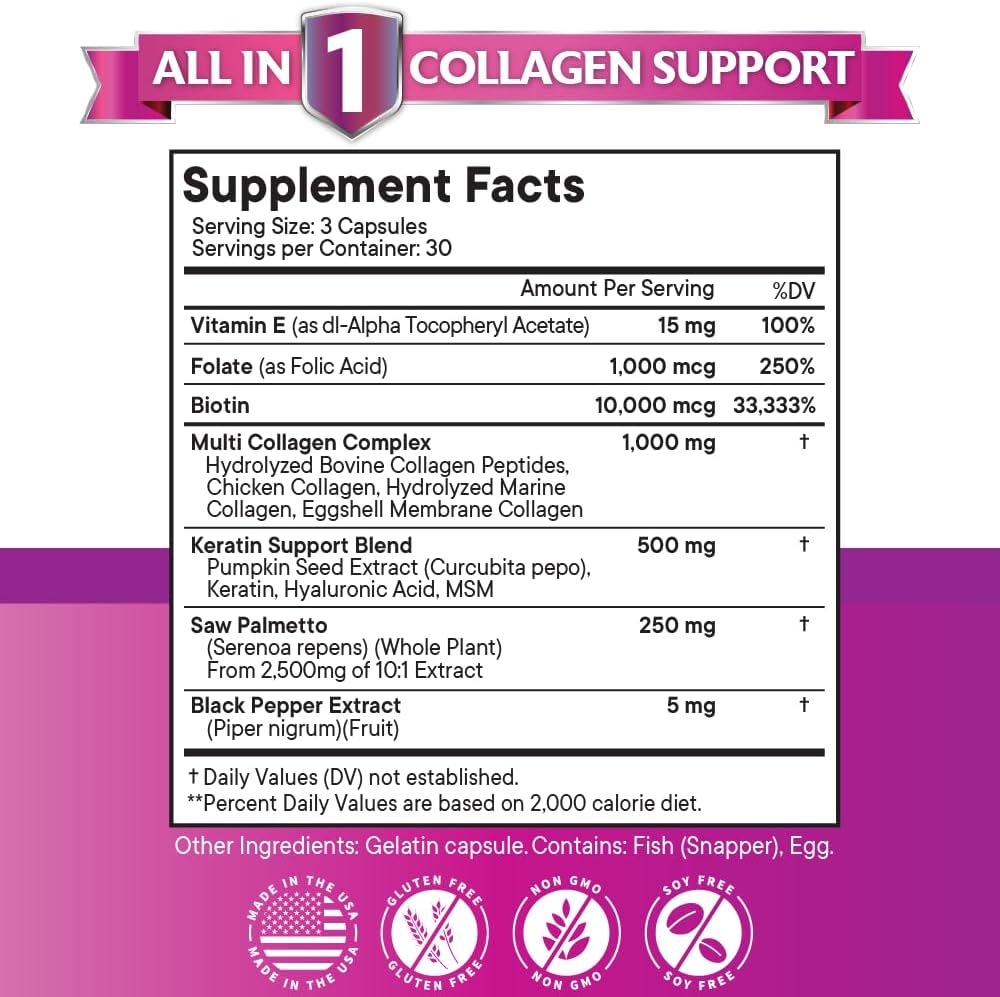 NEW AGE Collagen Capsules with Biotin, Keratin, Saw Palmetto, Hyaluronic Acid, Vitamin E, Folic Acid, Pumpkin Seed, MSM (Pack of 2, 180 Capsules) - görsel 3