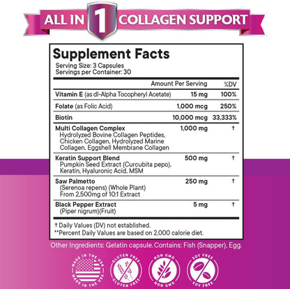 NEW AGE Collagen Pills with Biotin, Keratin, Saw Palmetto, Hyaluronic Acid – Hair, Skin and Nails Supplement – 90 Count