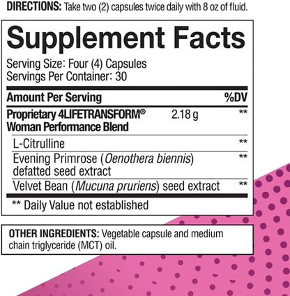 4Life Transform Woman Wellness Support – L-Citrulline, Velvet Bean, Evening Primrose – 120 Veggie Capsules