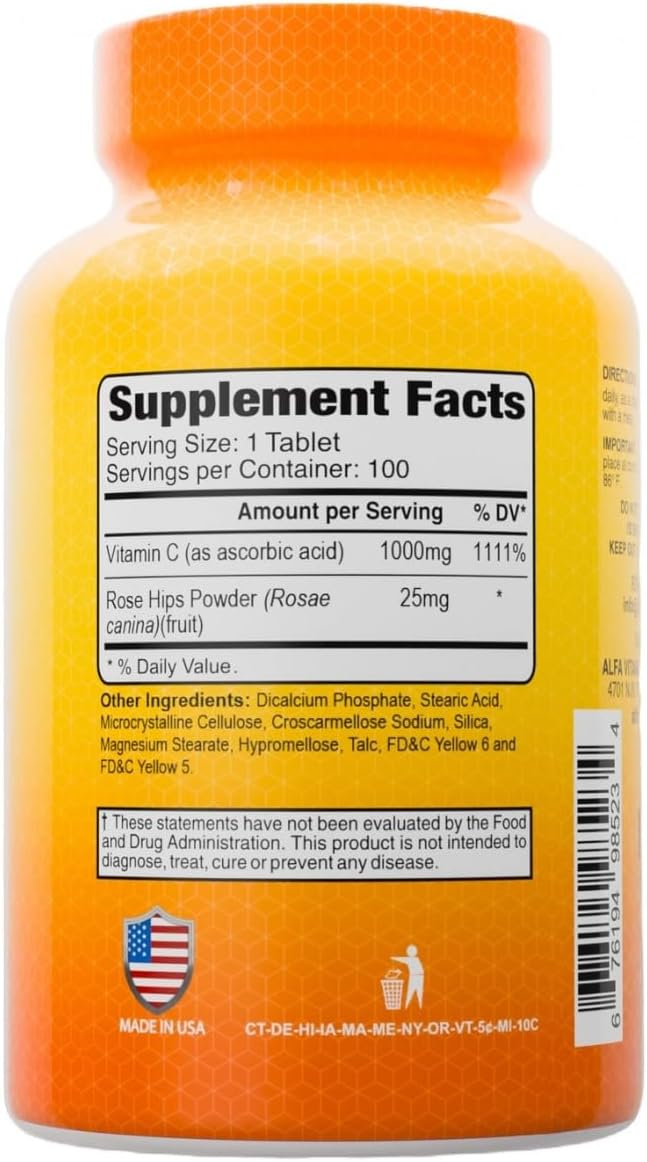 ALFA VITAMINS Vitamin C with Rose Hips – 1000 mg per Tablet – Immune and Antioxidant Support – 100 Tablets - görsel 2