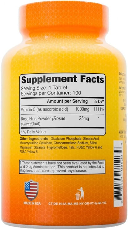 ALFA VITAMINS Vitamin C with Rose Hips – 1000 mg per Tablet – Immune and Antioxidant Support – 100 Tablets
