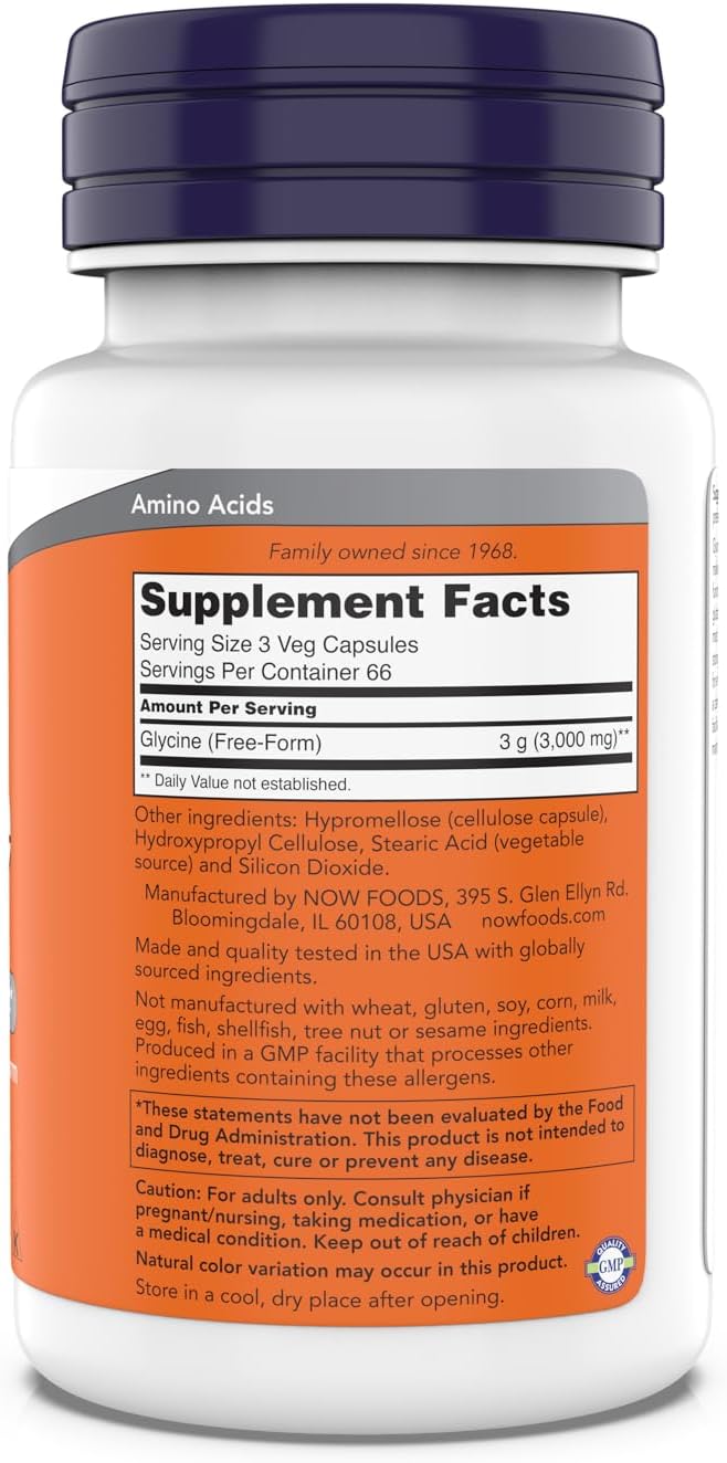 Now Foods Glycine 1000mg, Free-Form Pharmaceutical Grade, 200 Vegetarian Capsules - görsel 2