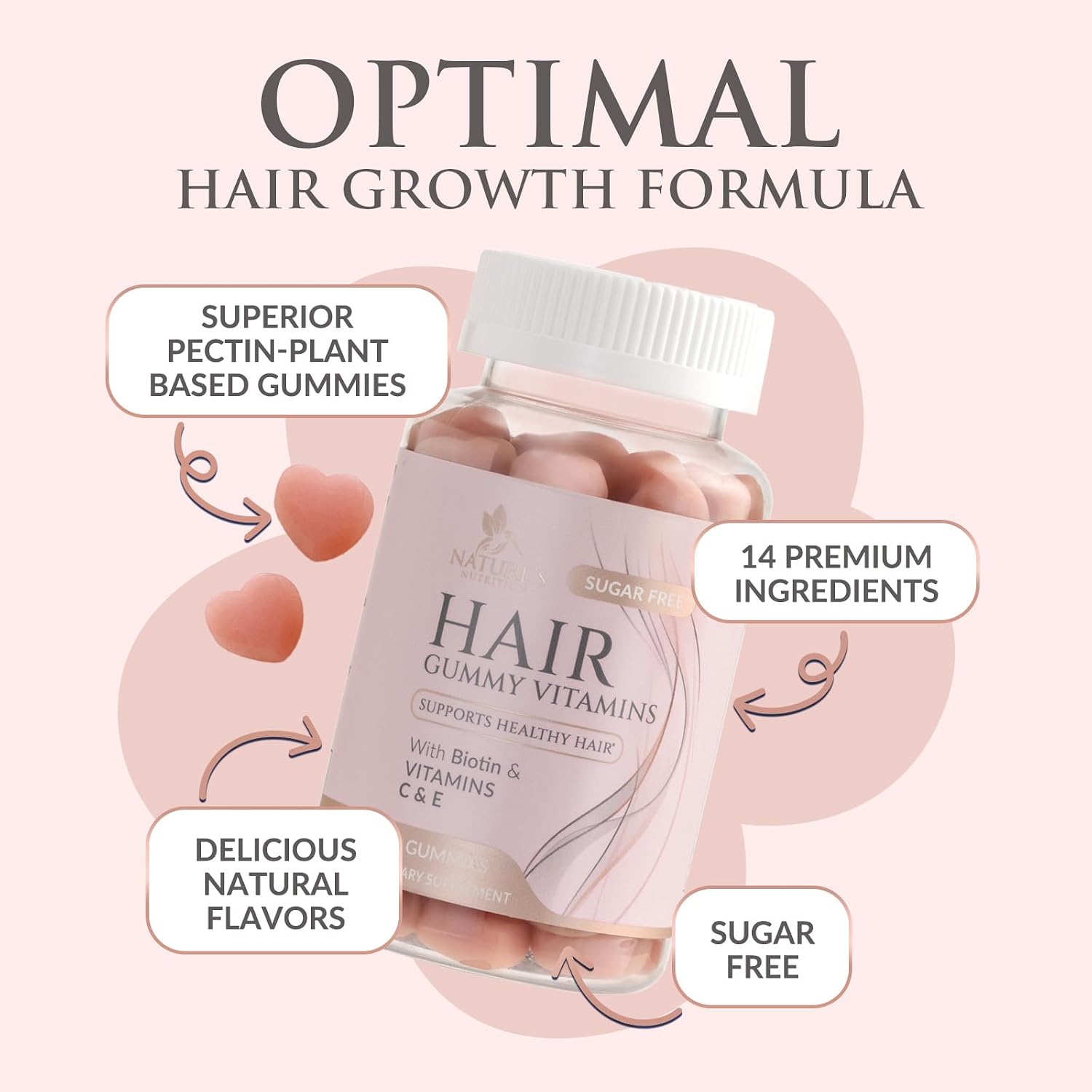 Hair Vitamins Gummies - Sugar Free Hair Support with Biotin 5000 mcg, Vitamins A, C, D, E, B12, Folic Acid for Hair, Skin & Nails - Vegetarian - 60 Gummies - görsel 5