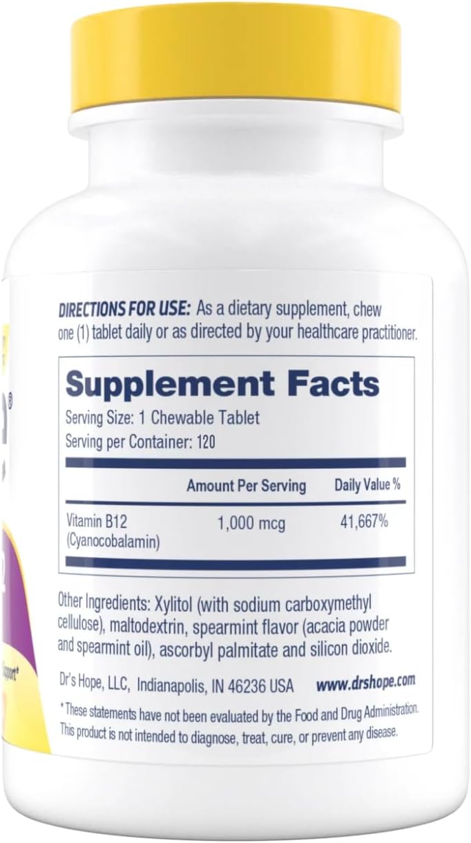 Dr's Hope Vitamin B12 1000 mcg Chewable Tablets, 120 Tablets – 4-Month Supply - görsel 7