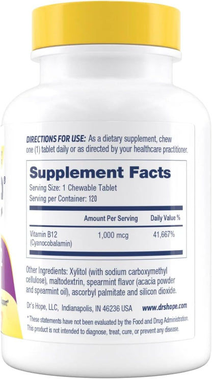 Dr's Hope Vitamin B12 1000 mcg Chewable Tablets, 120 Tablets – 4-Month Supply