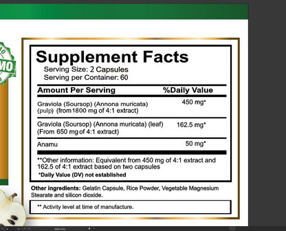 Graviola Soursop, Natural Dietary Supplement. Leaf and Fruit Extract 120 Capsules, High Potency, Made in the USA