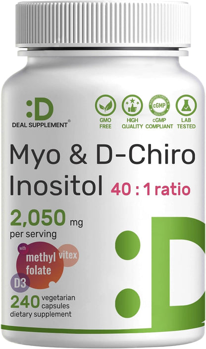 Myo-Inositol & D-Chiro Inositol Supplement for Women (40:1) | 2,050mg Per Serving | 240 Vegetarian Capsules | with Folate, – Image 1