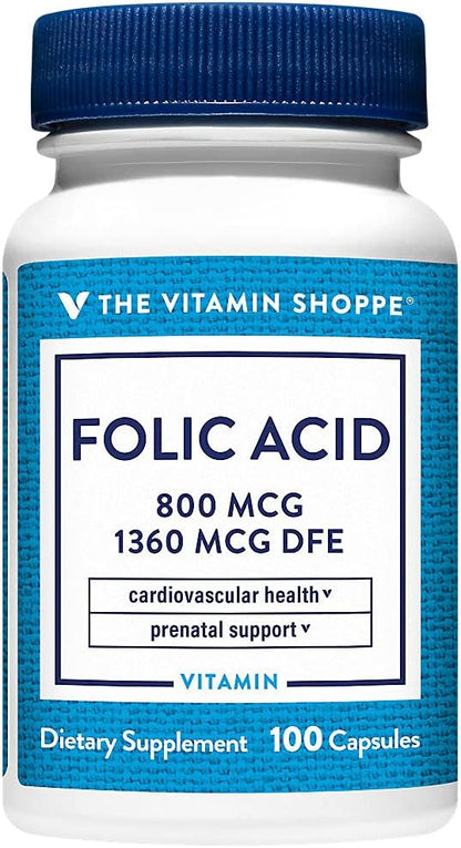 The Vitamin Shoppe Folic Acid 800 mcg, Prenatal Support – 300 Capsules