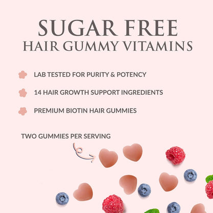 Hair Vitamins Gummies - Sugar Free Hair Support with Biotin 5000 mcg, Vitamins A, C, D, E, B12, Folic Acid for Hair, Skin & Nails - Vegetarian - 60 Gummies