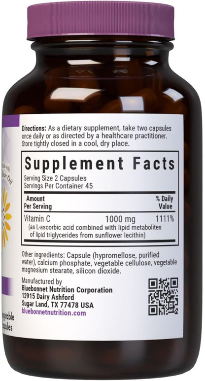 BlueBonnet Nutrition Liposomal Vitamin C 1000 mg, Made with Sunflower Oil, Immune & Joint Support, Vegan, Kosher, Non-GMO, Gluten-Free, Soya-Free, Milk-Free, 90 Vegetable Capsules, 45 Servings
