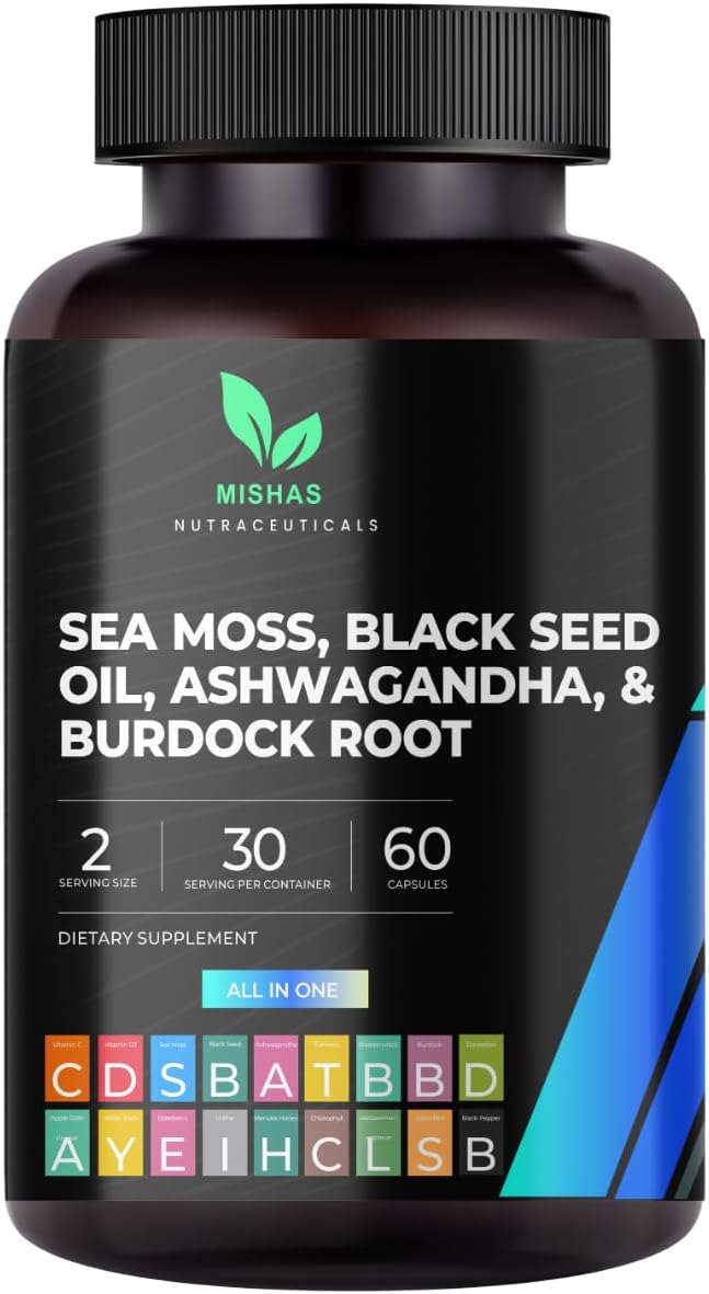 Mishas Nutraceuticals Sea Moss Blend with Black Seed Oil, Ashwagandha, Turmeric, Bladderwrack, Burdock Root, Vitamin C & D3, Elderberry, Manuka, Dandelion, Yellow Dock, Iodine, Chlorophyll & ACV - görsel 1