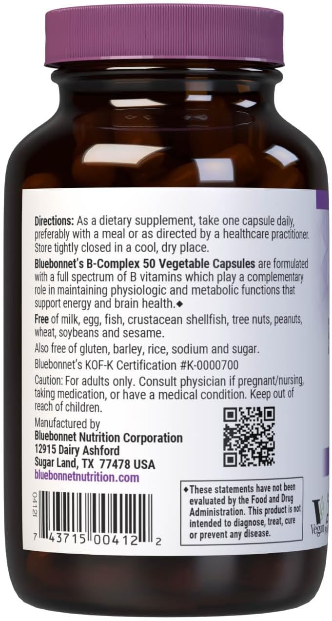 Bluebonnet Vitamin B Complex - Full Spectrum B Vitamins - 100 Vegetable Capsules - görsel 3