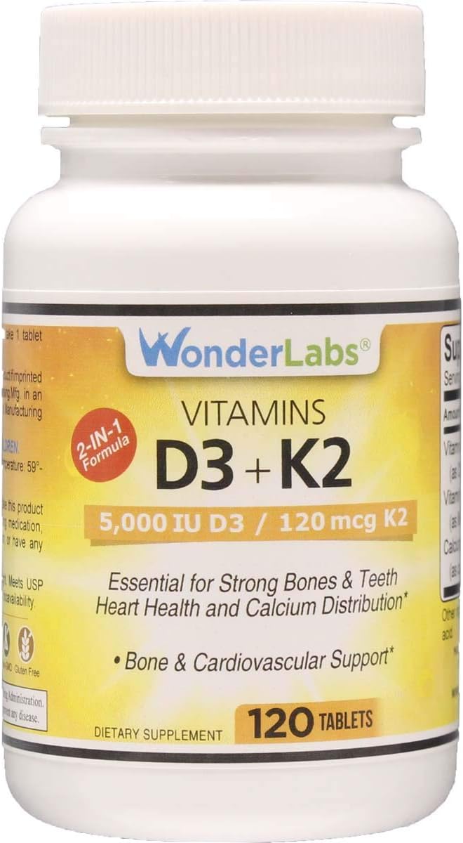 Wonder Laboratories Vitamin D3 + K2 Supplement - 5,000 IU D3, 120 mcg K2, 55 mg Calcium - 120 Tablets - görsel 1